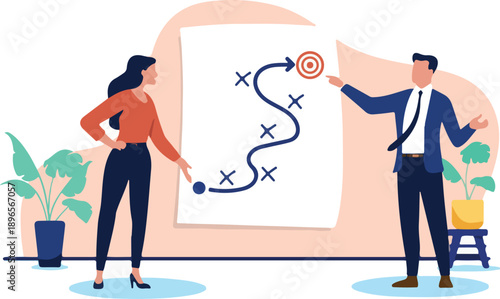  Two business people creating a new business strategy, plan, or a roadmap, with a man pointing at a chart on a large sheet of paper, a flat design vector illustration.
