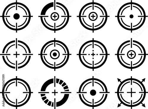Target crosshair reticle vector icon set with circular aim markers scope symbols and interface elements on transparent background