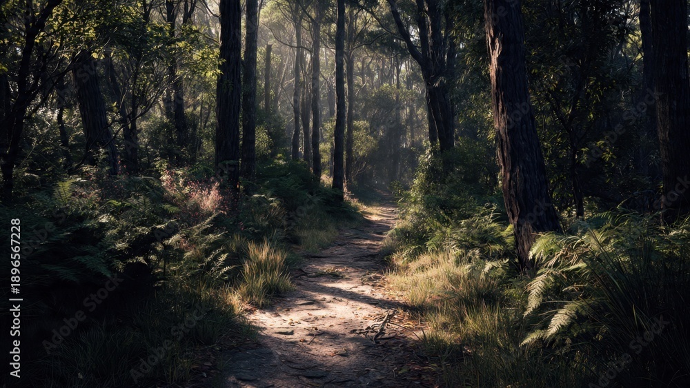 Obraz premium Sunlit Path Through a Lush Forest