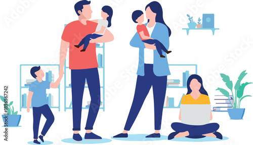  Family with many children - Parents with four kids standing indoors in living room. Flat design vector illustration with white background.