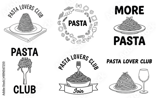 Pasta lovers club vector illustration set with spaghetti plates forks bowls and Italian food lettering designs on transparent background