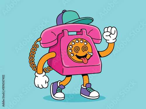 Retro cartoon telephone character with a funny face and a baseball cap.