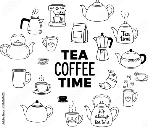 Tea and coffee time vector icon set with teapots cups espresso maker kettle and hand drawn lettering illustrations for cafe and beverage design on transparent background