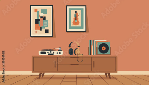 Retro entertainment setup with vintage record player and artwork.