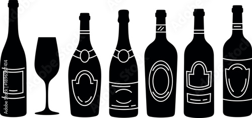 Wine bottle and glass silhouette vector collection for restaurant bar menu and beverage label design on transparent background