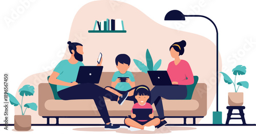 Family using various digital devices and screens such as laptops, a smartphone and a tablet while relaxing together on the sofa at home, flat design vector illustration.