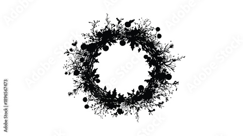 Elegant Christmas Wreath Black Silhouette Vector Art and Illustration