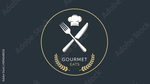 Gourmet food logo with chef hat, fork, and knife