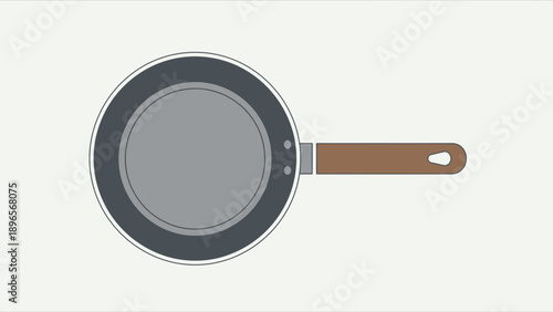 A simple graphic illustration of a frying pan with a handle on a white background.