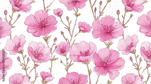 Elegant Seamless Pink Flowers Pattern Vector Art and Illustration
