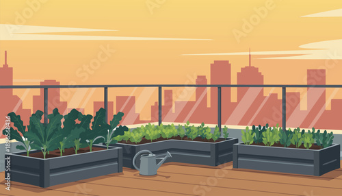 Rooftop garden with various plants and city skyline at sunset.