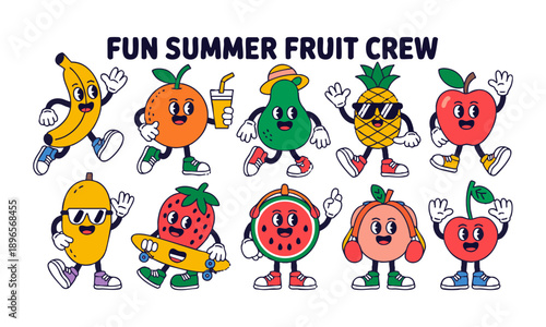 Summer fruit crew cartoon characters isolated on white  vector illustration, easily editable. 