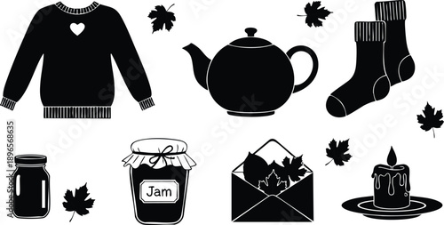 Cozy autumn icons set featuring warm sweater with heart design teapot socks jam candle and maple leaves black silhouette simple vector art collection for seasonal design