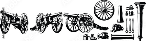 Black and white detailed vector art of vintage cannon assembly including multiple angled views wheels barrels and mechanical parts isolated on white background technical style