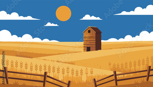 Rustic Barn in Golden Wheat Field Under Blue Sky.