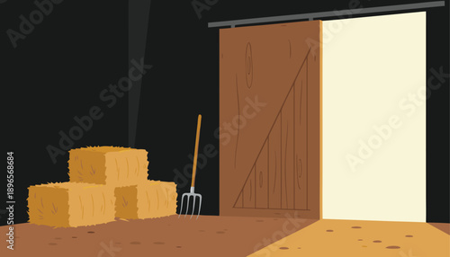 Rustic barn interior with hay bales and pitchfork, sunlight streaming through open door.