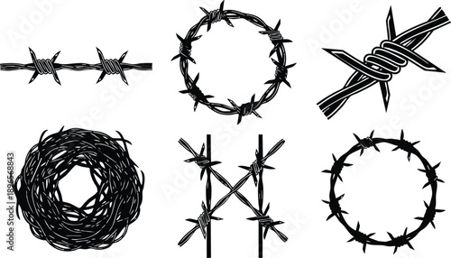 Black and white vector art of six different barbed wire designs including circular patterns knot details and sharp thorns isolated on white background