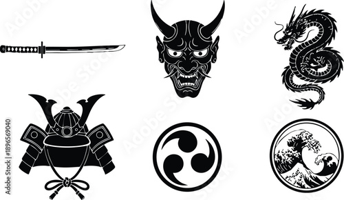 Black silhouette vector set of traditional japanese elements including katana sword mask dragon samurai helmet tomoe symbol and wave emblem collection