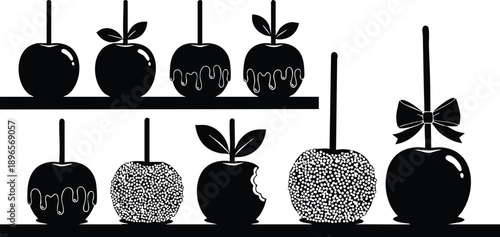 Black silhouette vector art of apples on sticks with chocolate and sprinkles on two shelves including bitten apple and bow decorated apple with leaves