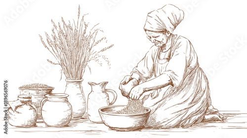 Elderly Woman Pouring Grain in Farmer Lifestyle Routine Vector