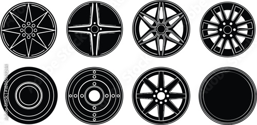 Black and white vector icons showing eight different car wheel rim designs in flat graphic style with simple sharp edges and circular shapes aligned in two rows