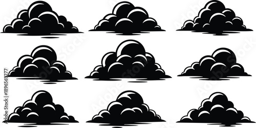 Monochrome vector art of nine different stylized cloud shapes arranged in three rows isolated on white background with shadow details and smooth curves