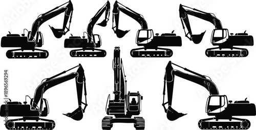 Black silhouette construction excavator set different angles including side front back and diagonal views heavy machinery vector art design equipment icons collection