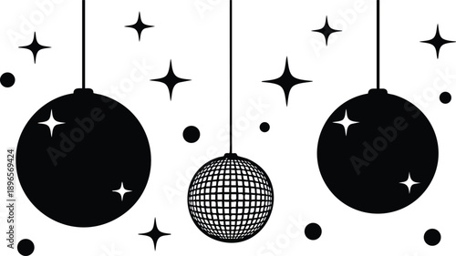 Black and white vector art of disco balls and stars hanging in a festive arrangement with shiny light reflections in simple flat design style