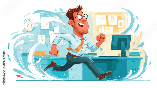 Energetic Cartoon Office Worker - Vibrant and Motivated Employee