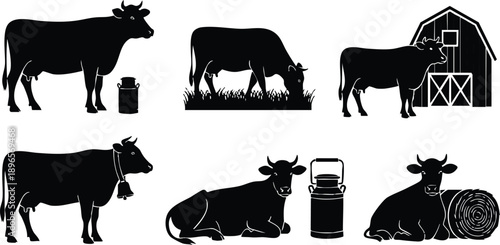Black silhouette vector set of cows standing grazing resting with milk cans barn and hay bale farm livestock icons in simple flat design style collection