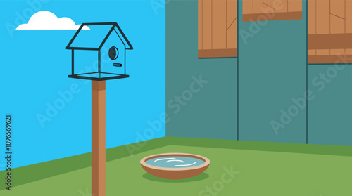 Simple Birdhouse and Water Dish in a Backyard.