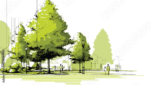 Green Landscape Design Concept Vector with Outline Isolated