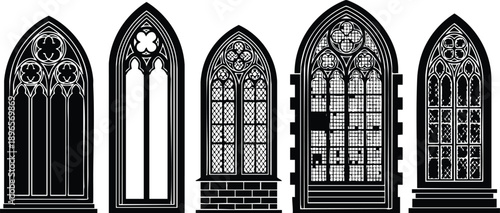 Gothic style medieval stained glass window set with pointed arches intricate tracery lattice patterns and architectural base details in black silhouette vector art