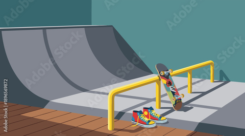Skateboard and Ramp in Skatepark.