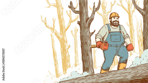 Hardworking Woodman in Forest Vector Illustration with Outlines