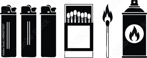 Black silhouette vector set of multiple lighter designs including classic igniters matchbox with matches and spray paint canister icons in flat style