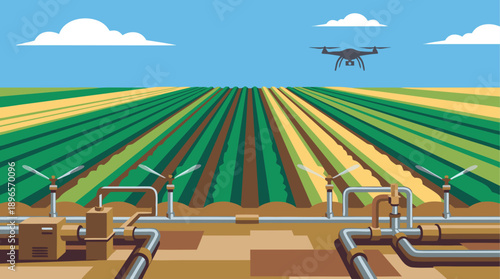 Smart farming with drone and irrigation system over vast fields.