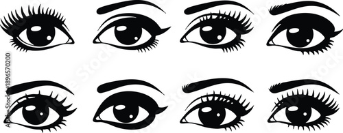 Black and white vector art of eight different stylized female human eyes with long eyelashes and shaped eyebrows in flat design style isolated on white background