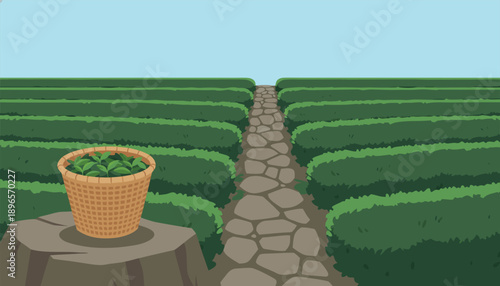 Stone path through a green tea plantation with a basket of fresh tea leaves.