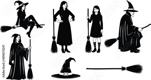 Black silhouette vector art of witches and broomsticks various poses including sitting flying standing holding hat with magical mysterious dark theme illustration