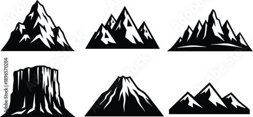 Black and white minimalist vector icons set featuring various mountain peaks including sharp cliffs volcano flat top landmarks isolated on white background