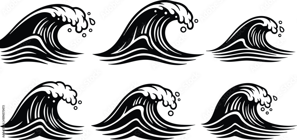 Fototapeta premium Bold black and white vector wave set showing six stylized crashing ocean waves with splash droplets profile minimal line art for logo and pattern design