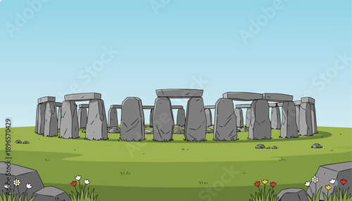 Stonehenge ancient monument in a green field under a clear sky.