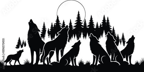 Silhouette vector panoramic scene of wolf pack howling at full moon night with pine forest background including adult and pup standing and sitting in grassy foreground
