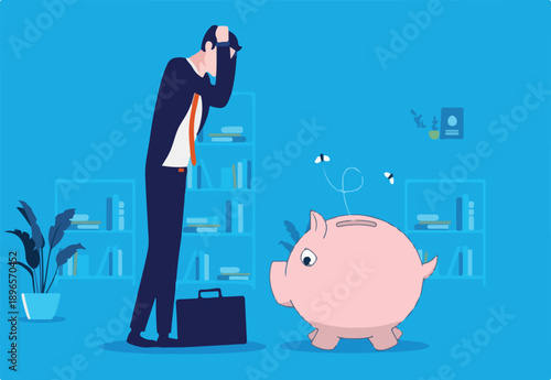 Man having no savings - Poor and sad businessman standing with empty piggy bank. Lack of money and financial trouble concept. Vector illustration..