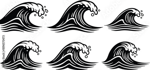 Bold black and white vector wave set showing six stylized crashing ocean waves with splash droplets profile minimal line art for logo and pattern design
