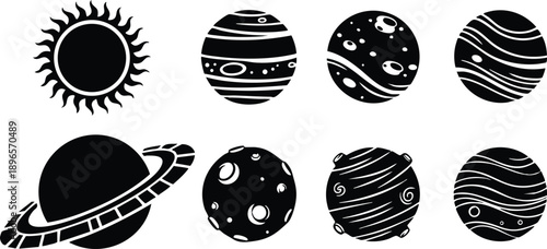 Black silhouette vector art of various planets and sun icons with craters rings and atmospheric patterns in simple minimalist flat design style on white background