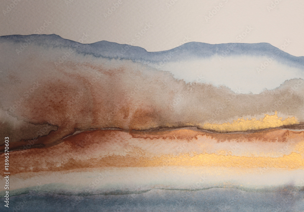 Naklejka premium Ink Watercolor hand drawn smoke flow stain blot Painting Wave Landscape. Blue, gold, beige on wet grain texture paper background.