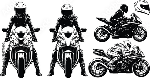 Monochrome vector art of female motorcyclist riding sportbike helmet on head and side and front views detailed motorcycle gear and sporty bike design dynamic perspective