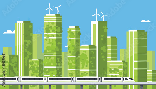 Sustainable city with green buildings and high-speed train.